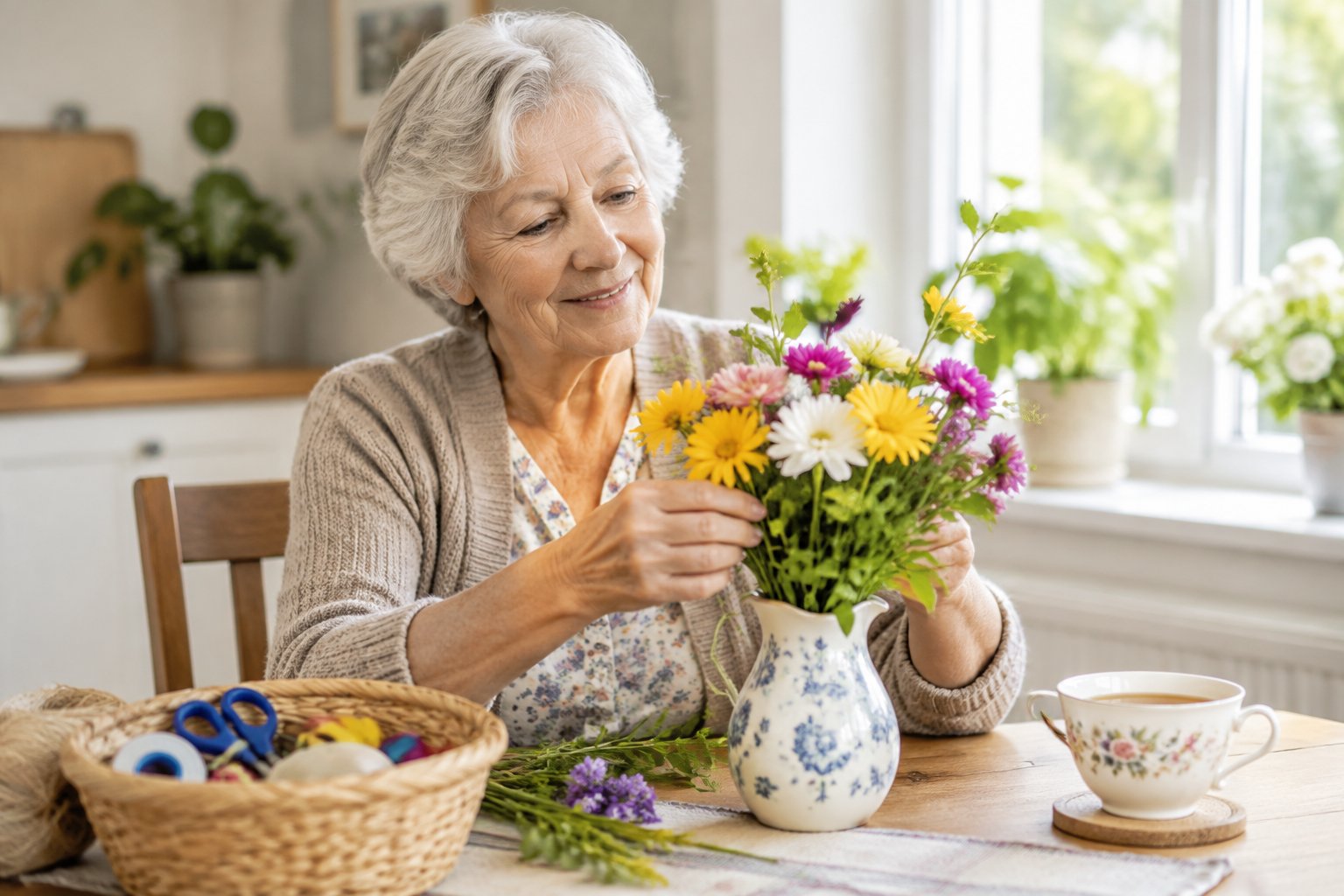 Seniorin mit Blumen