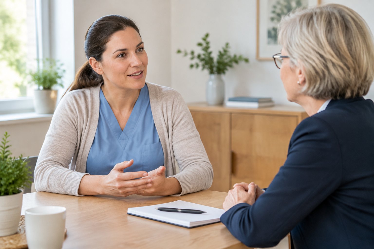 Betreuungskraft im Gespräch mit einer Seniorin
